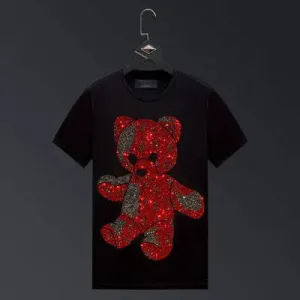 2024 Cartoon Bear Rhinestone T-Shirts - Short Sleeve Fashion Streetwear, Crew Neck Slim Cotton, Plus Size 6X