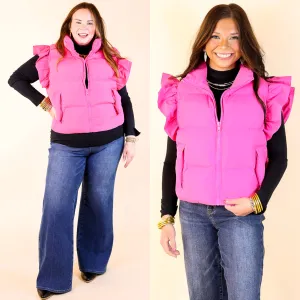 All Season Long Ruffle Sleeve Puffer Vest in Hot Pink