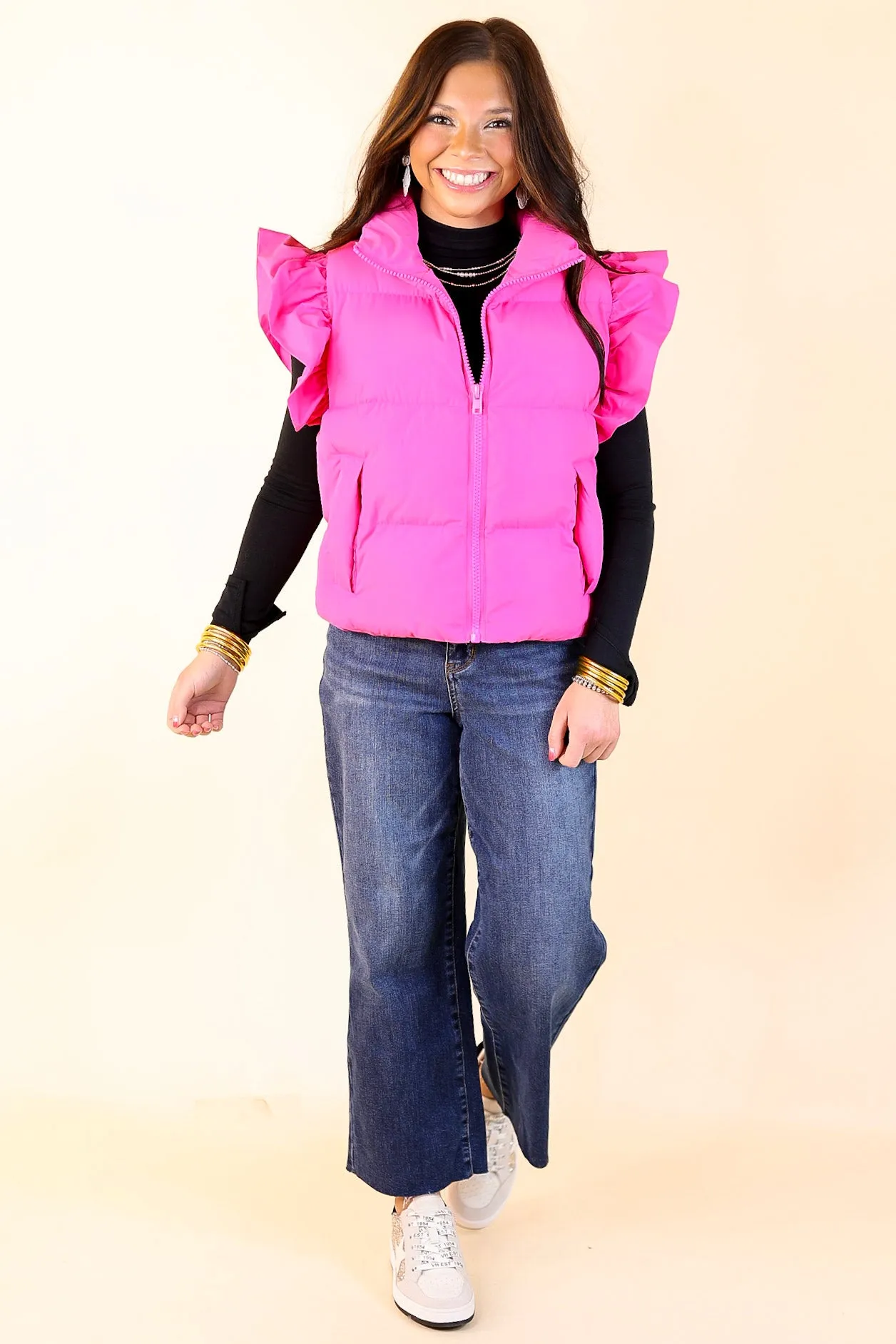 All Season Long Ruffle Sleeve Puffer Vest in Hot Pink