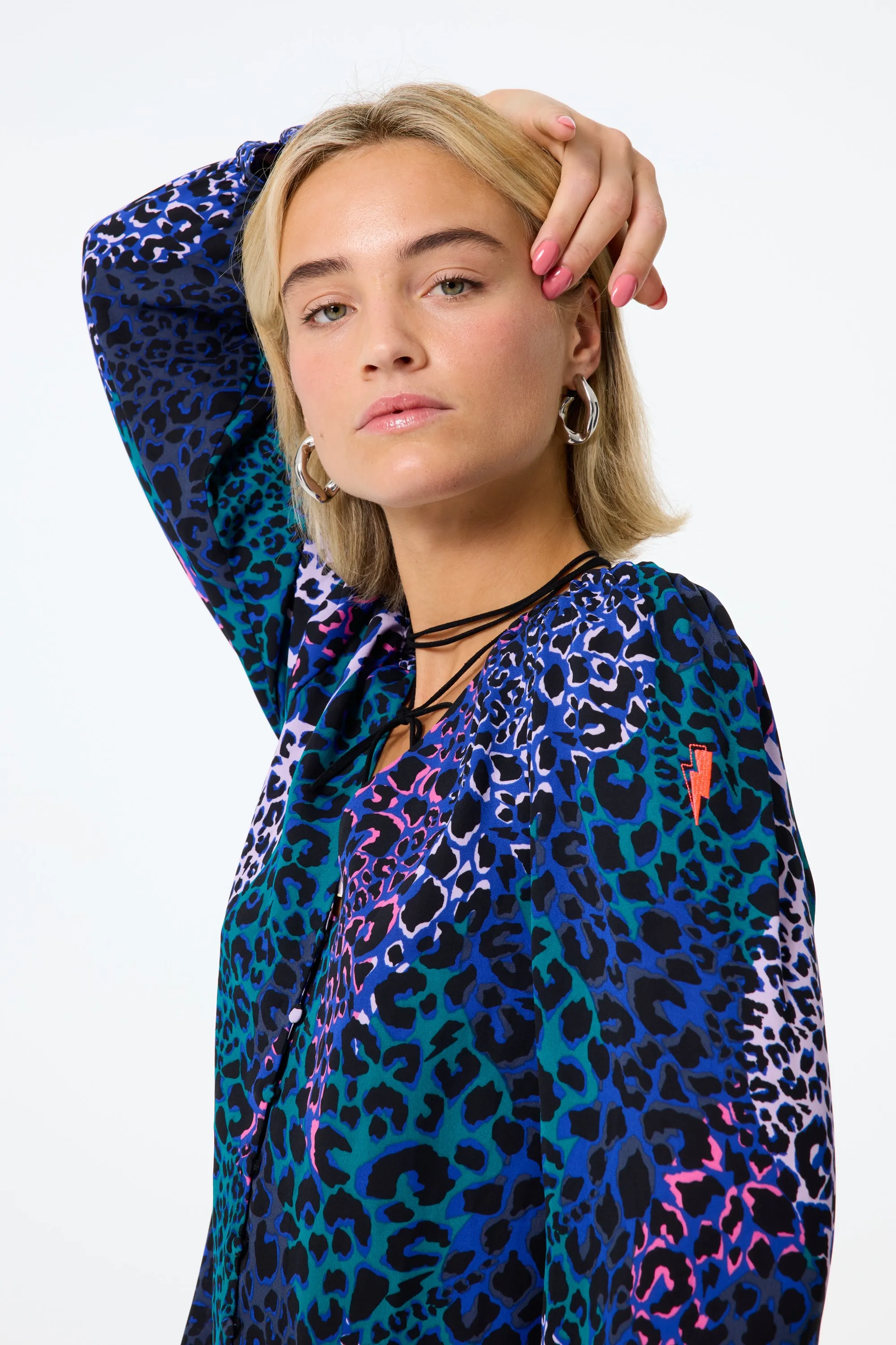 Blue with Green Spliced Leopard Flute Sleeve Blouse