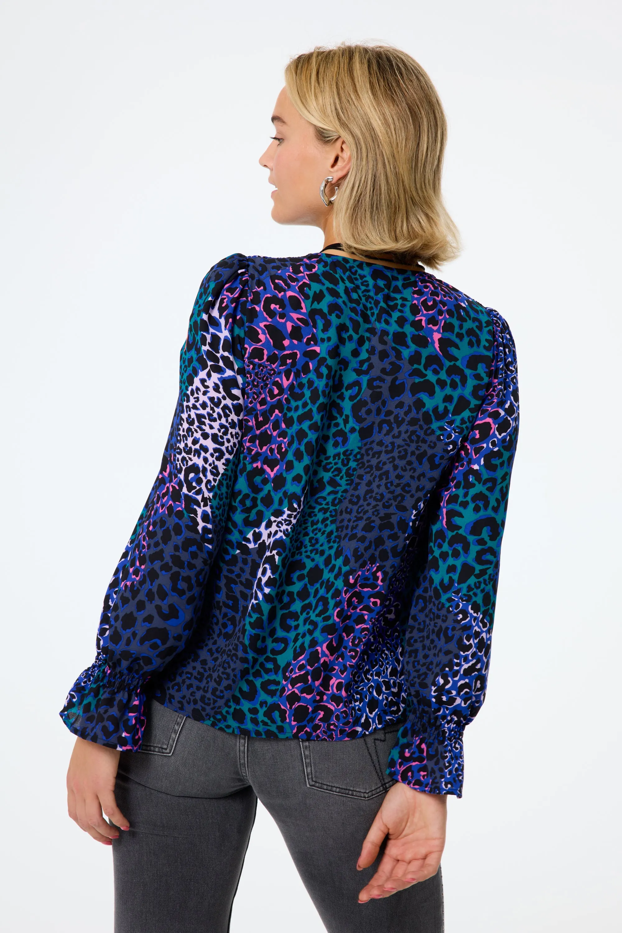 Blue with Green Spliced Leopard Flute Sleeve Blouse