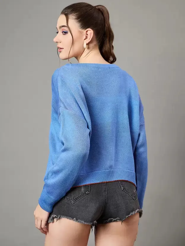 Blue Woolen Printed Pullover Sweater