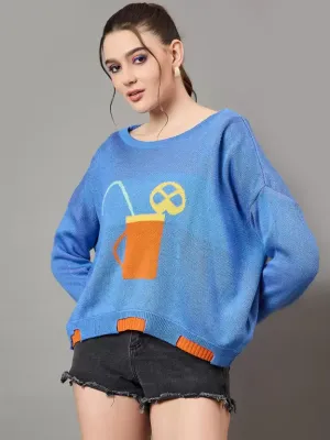 Blue Woolen Printed Pullover Sweater