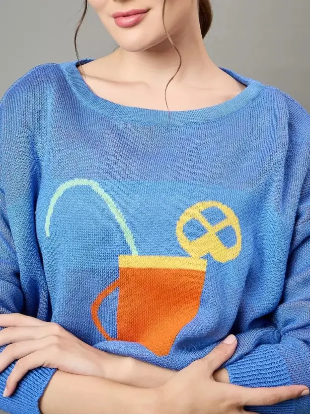 Blue Woolen Printed Pullover Sweater