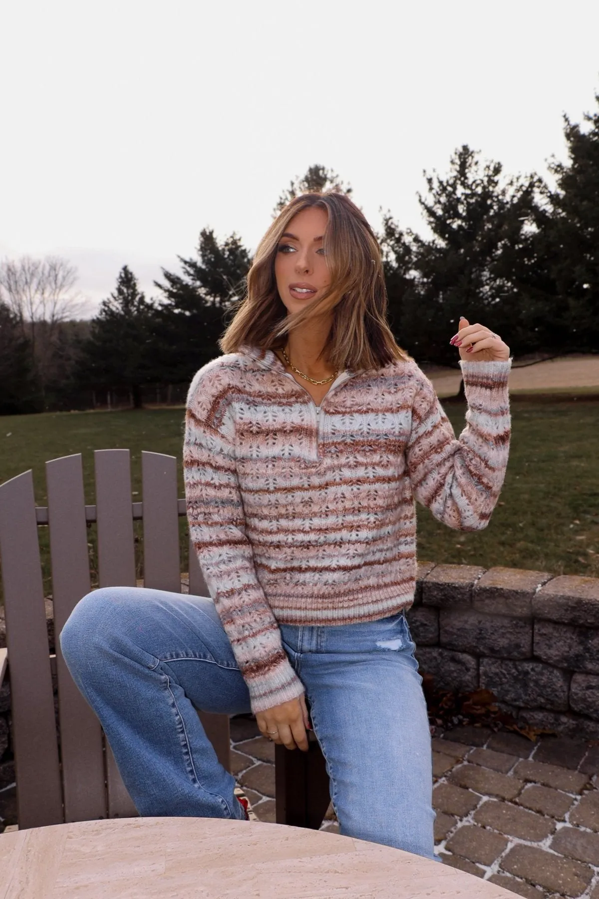 Brown Multi Striped Half Zip Sweater