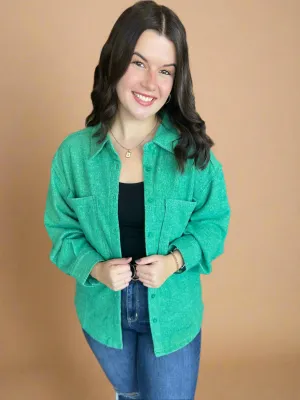 Cozy Button Down Shacket Jacket in Green