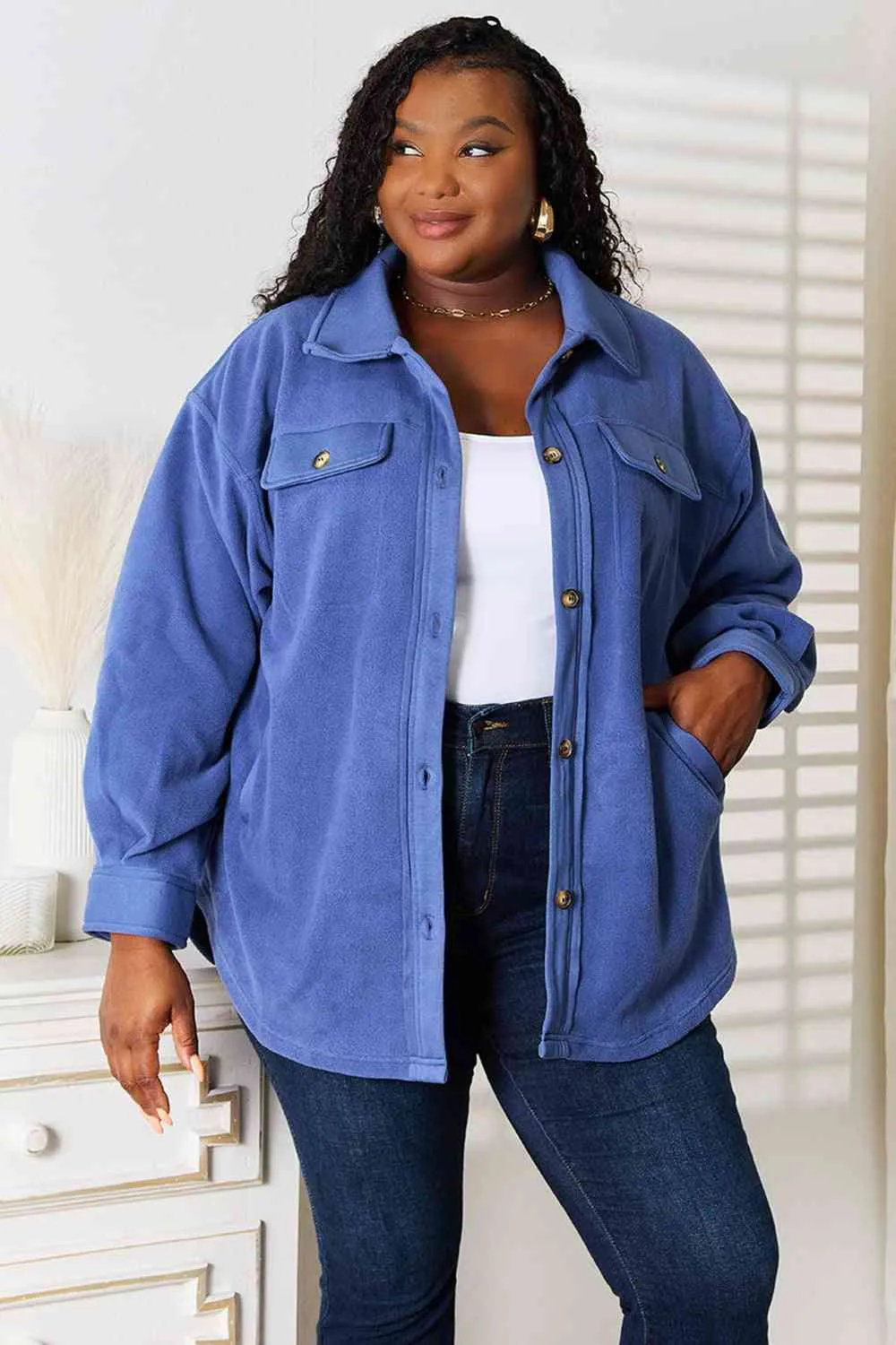 Cozy Girl Button Down Shacket-Dusty Blue