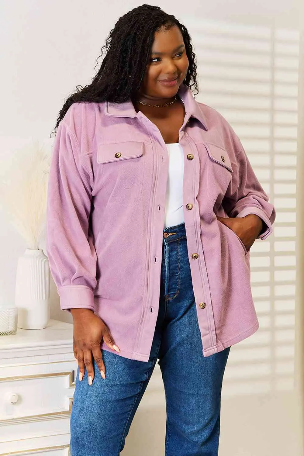 Cozy Girl Button Down Shacket-Lavender