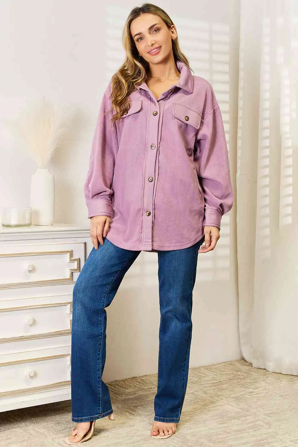 Cozy Girl Button Down Shacket-Lavender