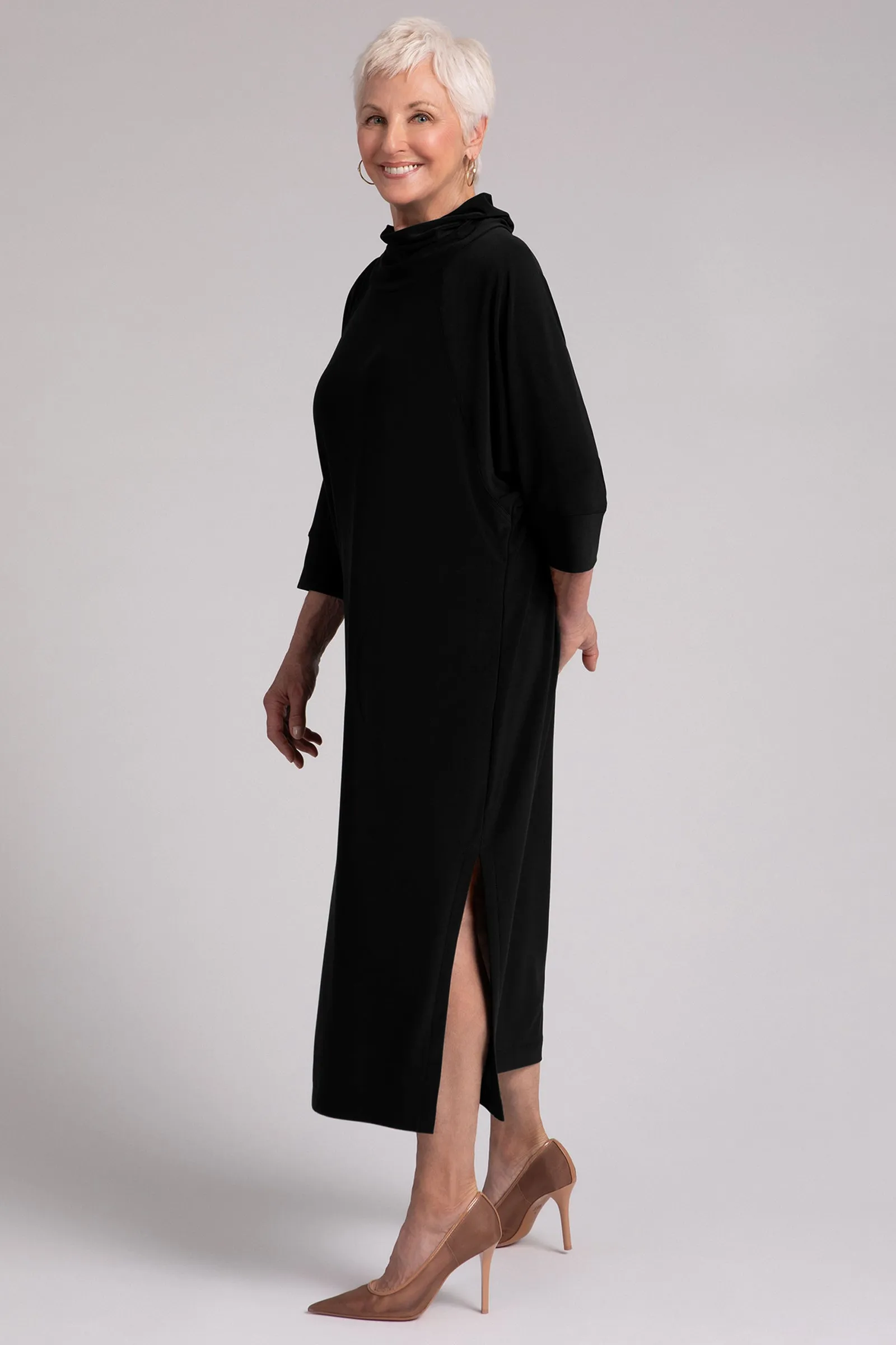 Cozy Raglan Funnel Neck Dress | Black