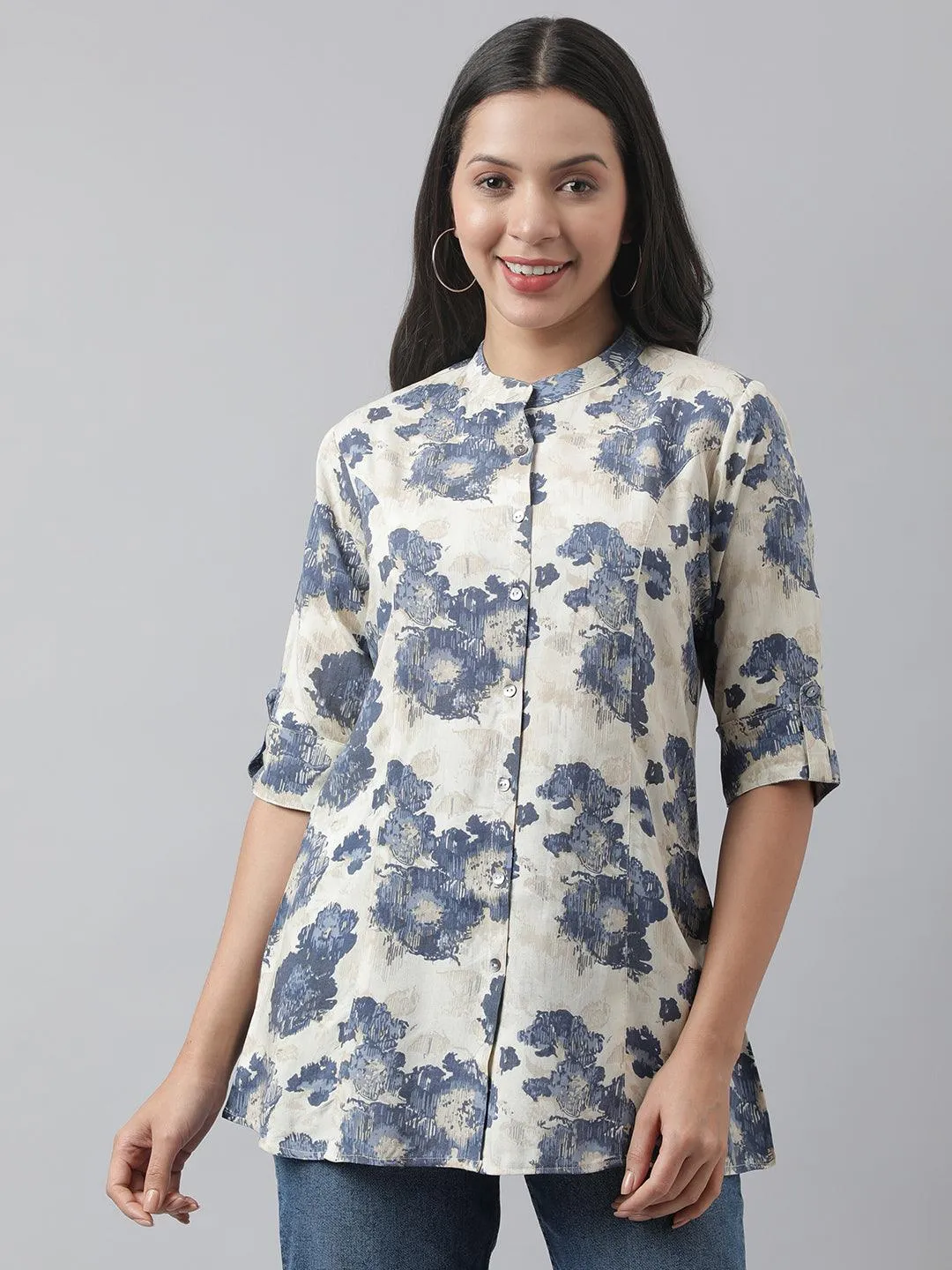 Cream Floral Printed Rayon A-Line Shirt Style Top