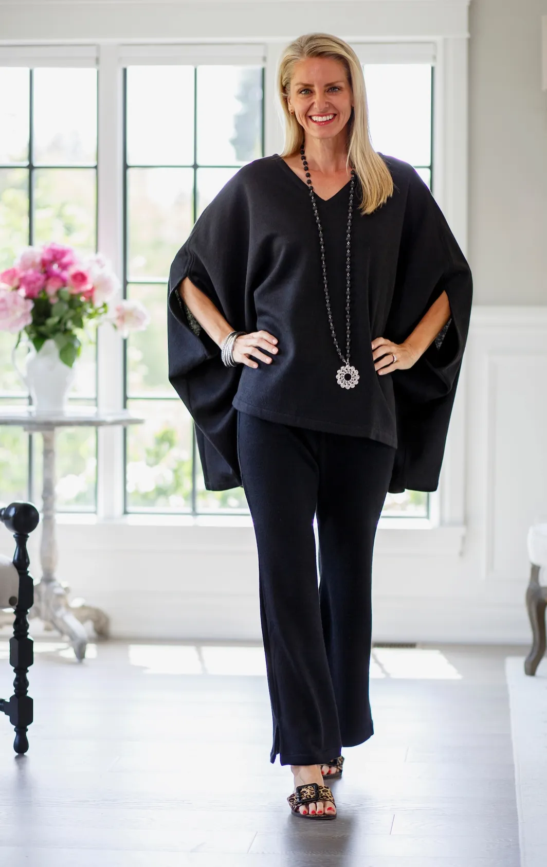 Crown Linen's Cozy Macy elegant poncho in black or white- one size