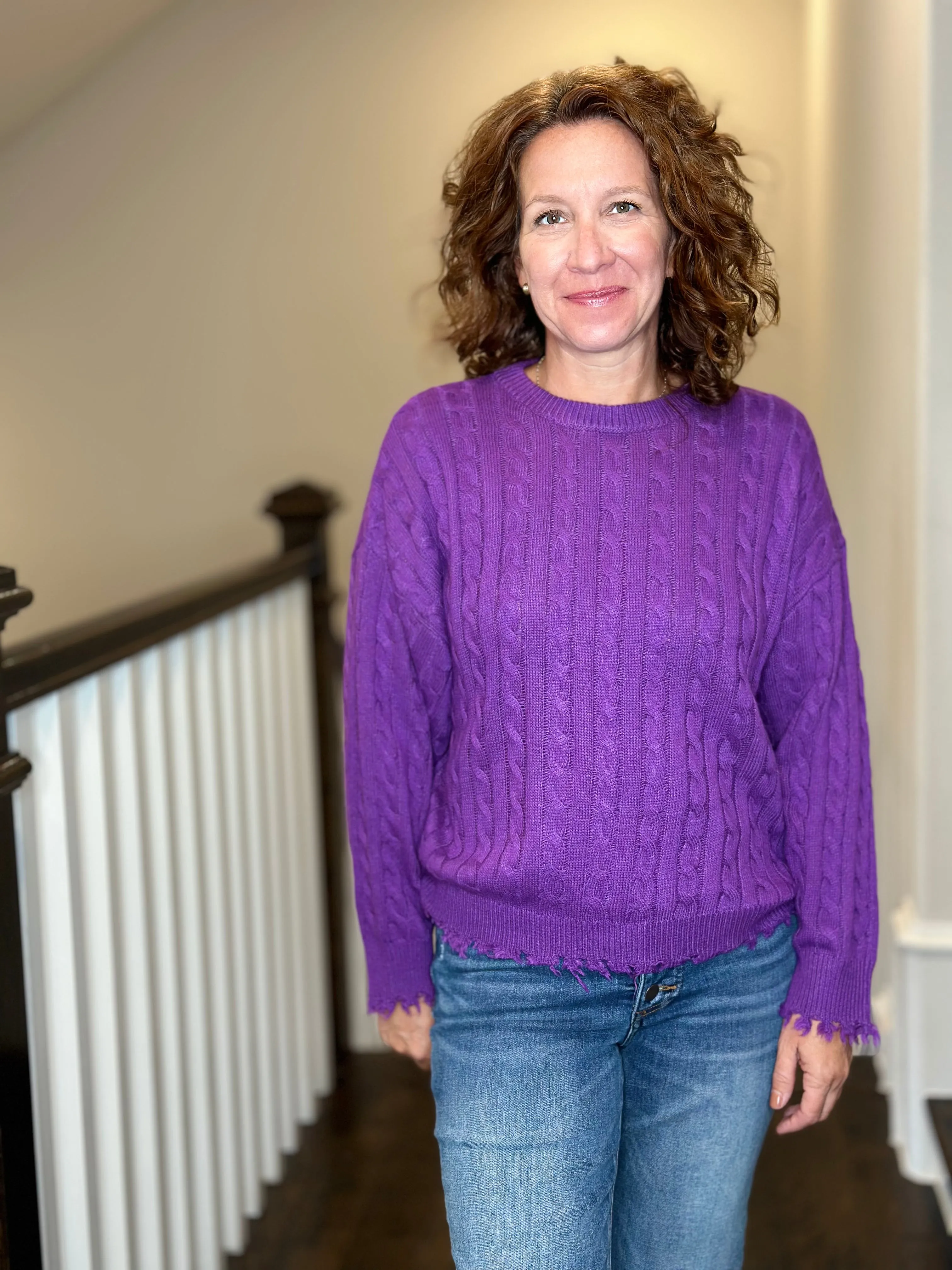 Esqualo Cable Knit Sweater w Raw Edge in Deep Lavender