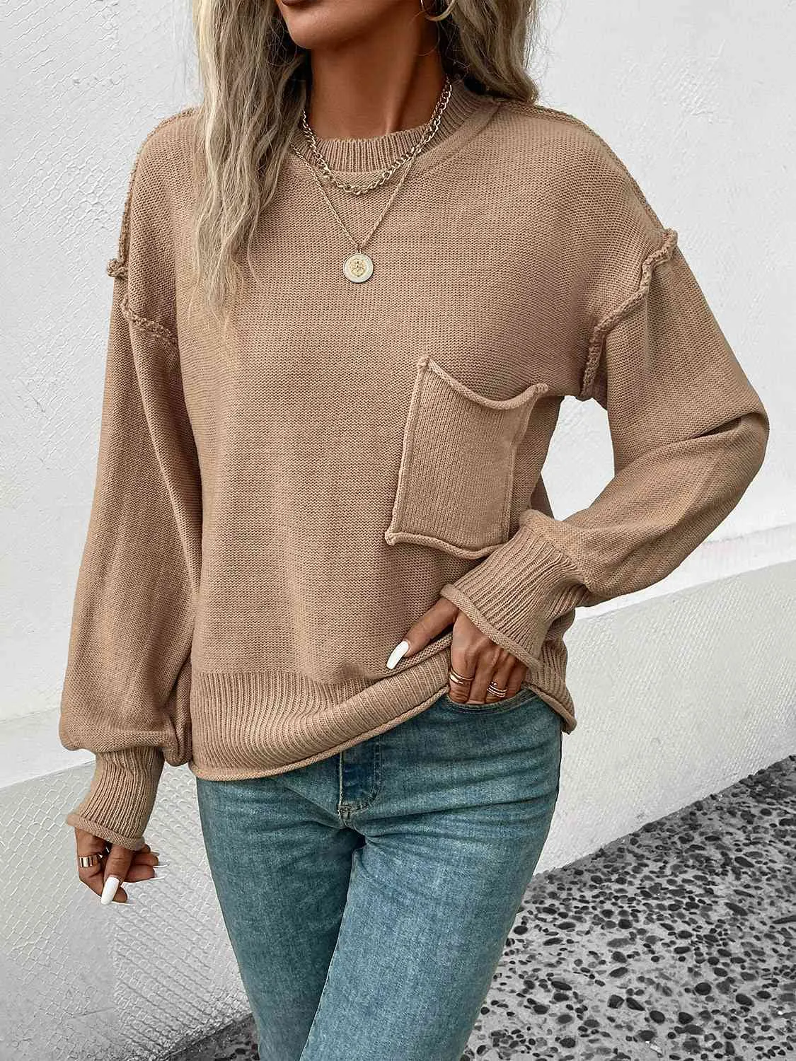 Exposed Seam Round Neck Sweater