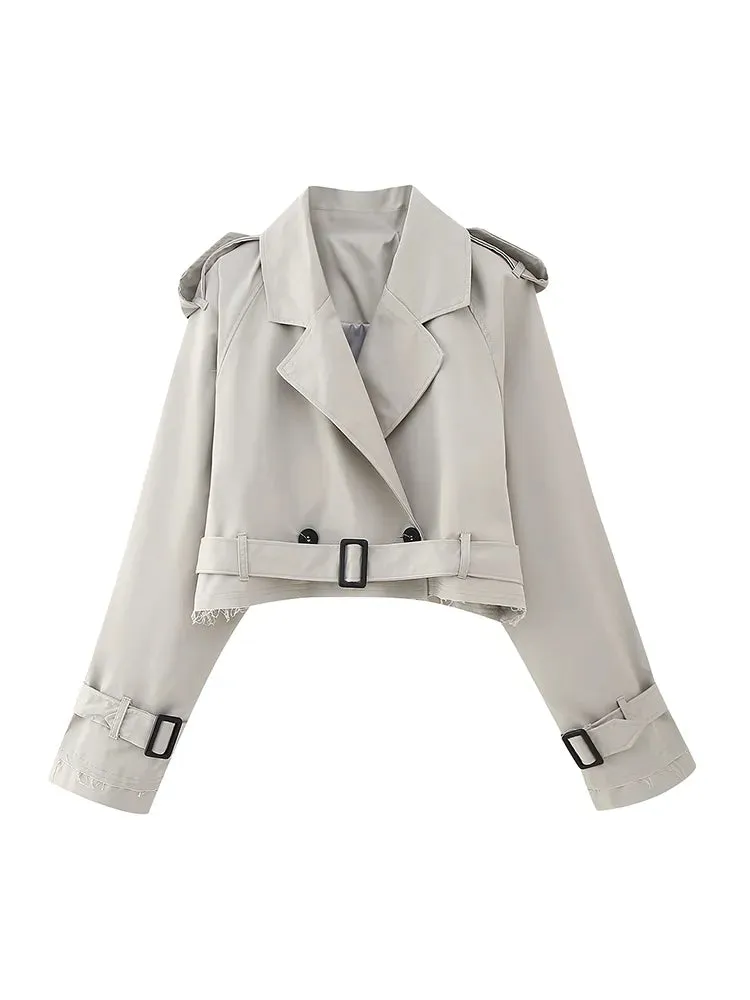 Fashion with Belt Cropped Trench Jacket Notched Neck Long Sleeve Lady Coat Outfits