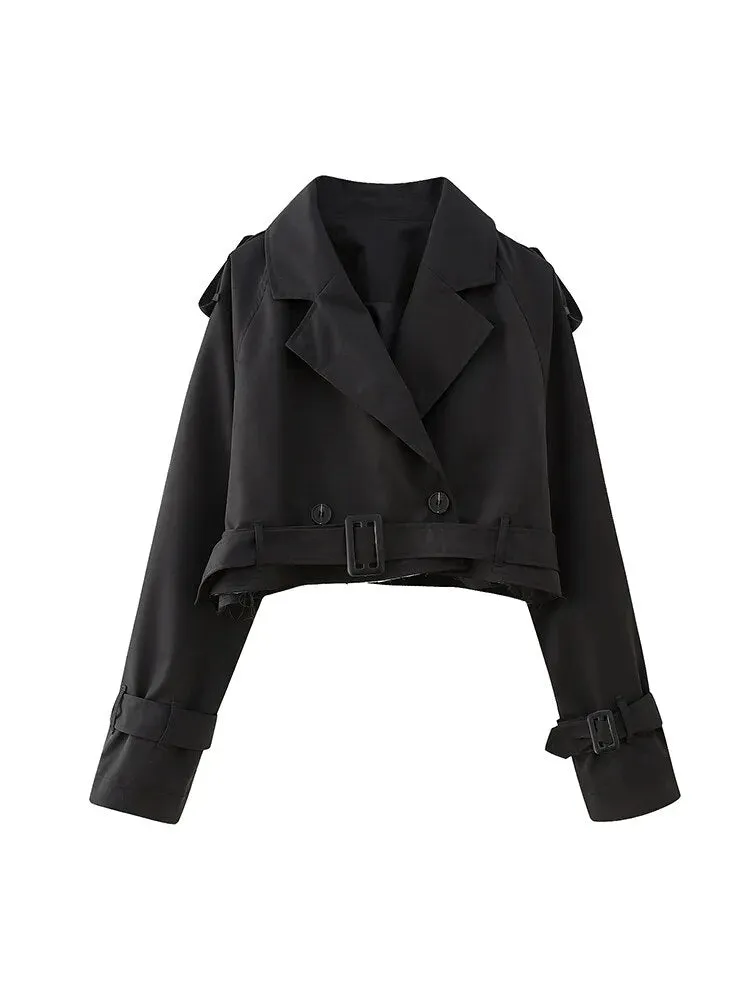 Fashion with Belt Cropped Trench Jacket Notched Neck Long Sleeve Lady Coat Outfits