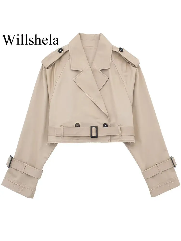 Fashion with Belt Cropped Trench Jacket Notched Neck Long Sleeve Lady Coat Outfits