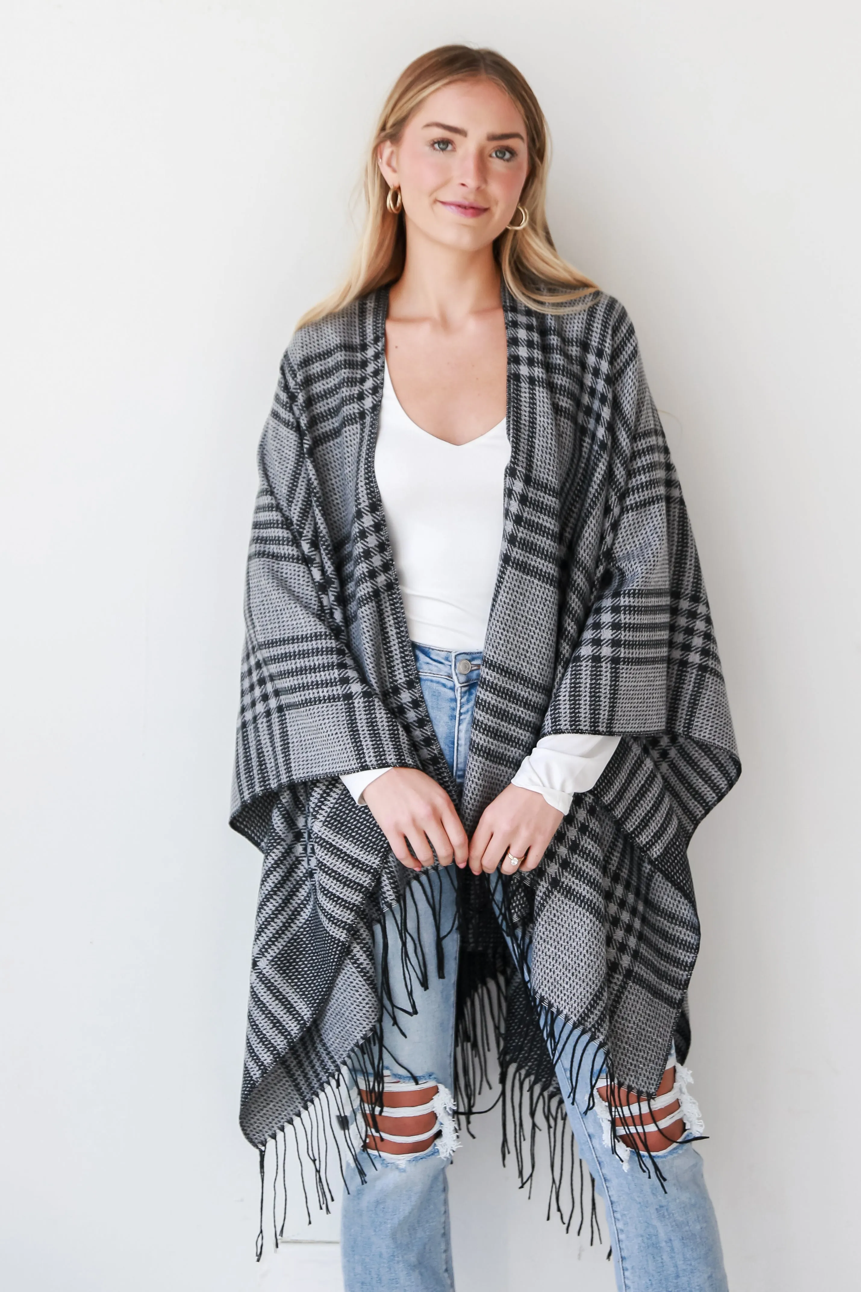 FINAL SALE - Cuddling Close Black Plaid Fringe Shawl - DOORBUSTER