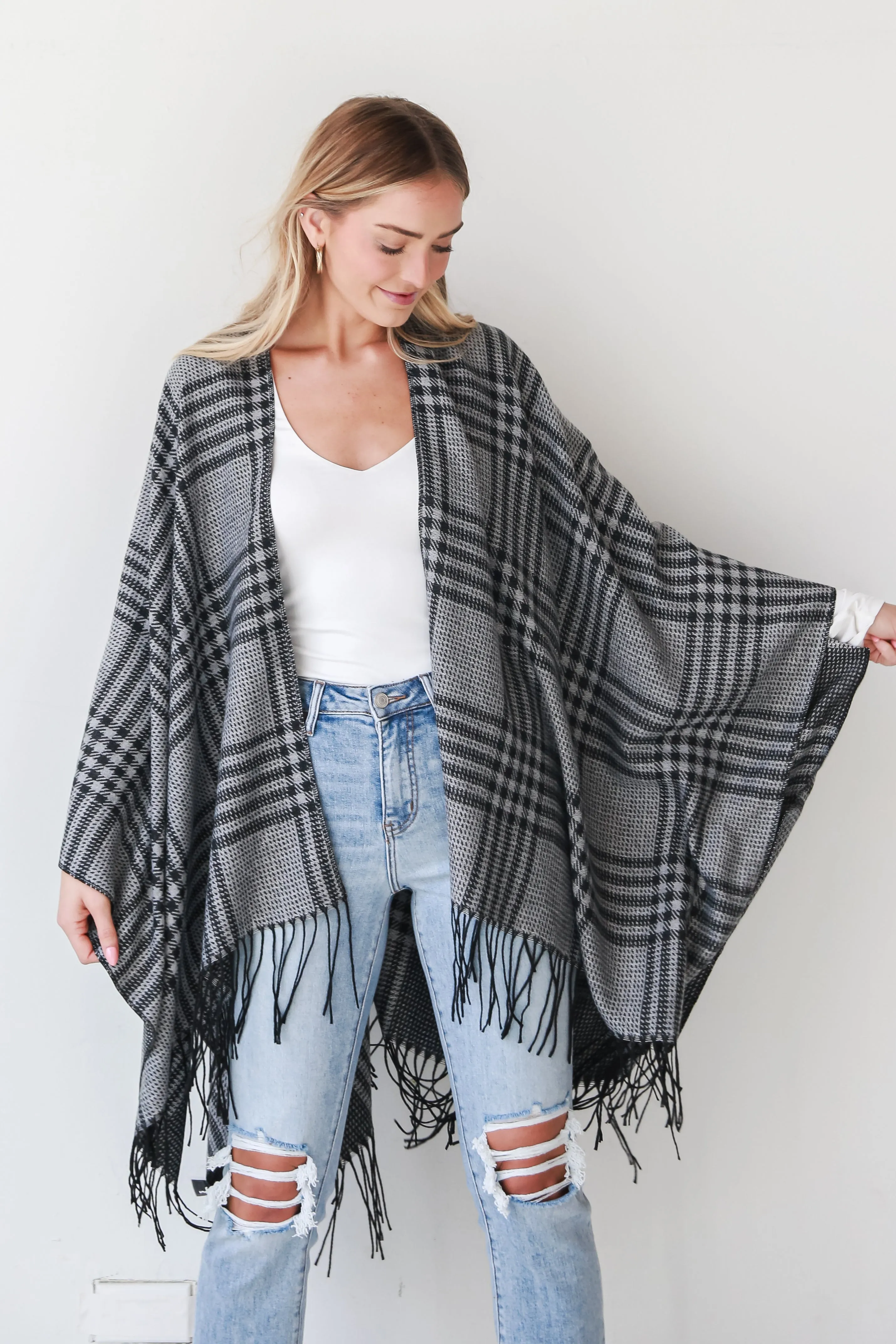 FINAL SALE - Cuddling Close Black Plaid Fringe Shawl - DOORBUSTER