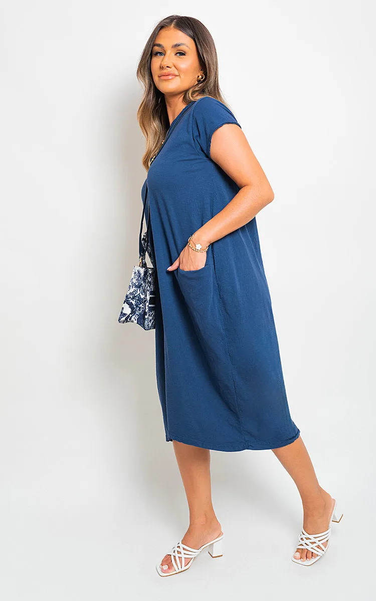 Front Pockets Short Sleeve Midi Dress