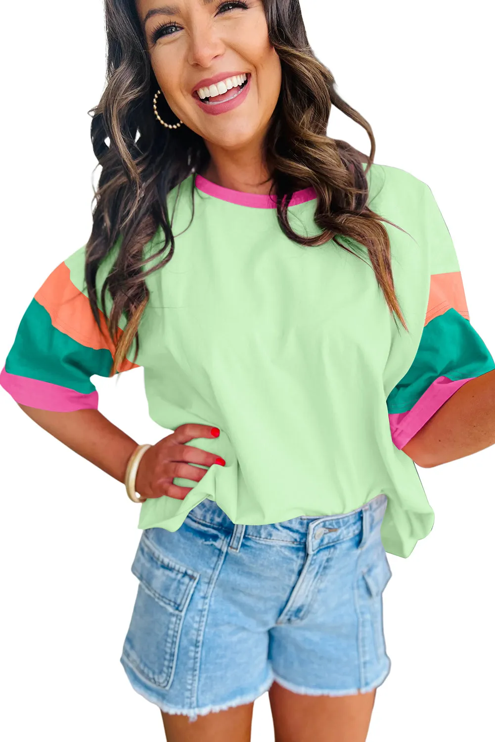 Green Color Block Sleeve Round Neck Oversize Top