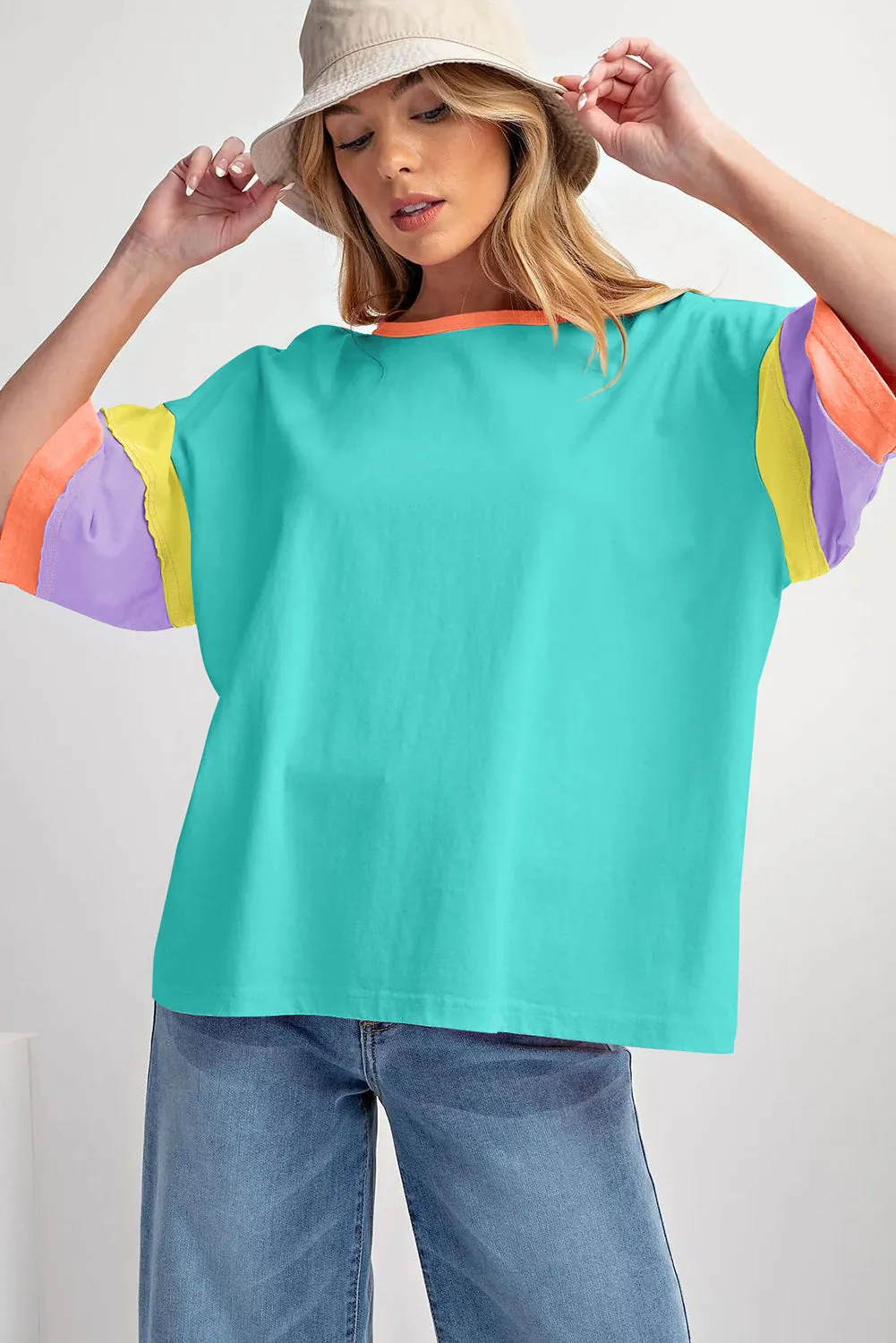 Green Color Block Sleeve Round Neck Oversize Top