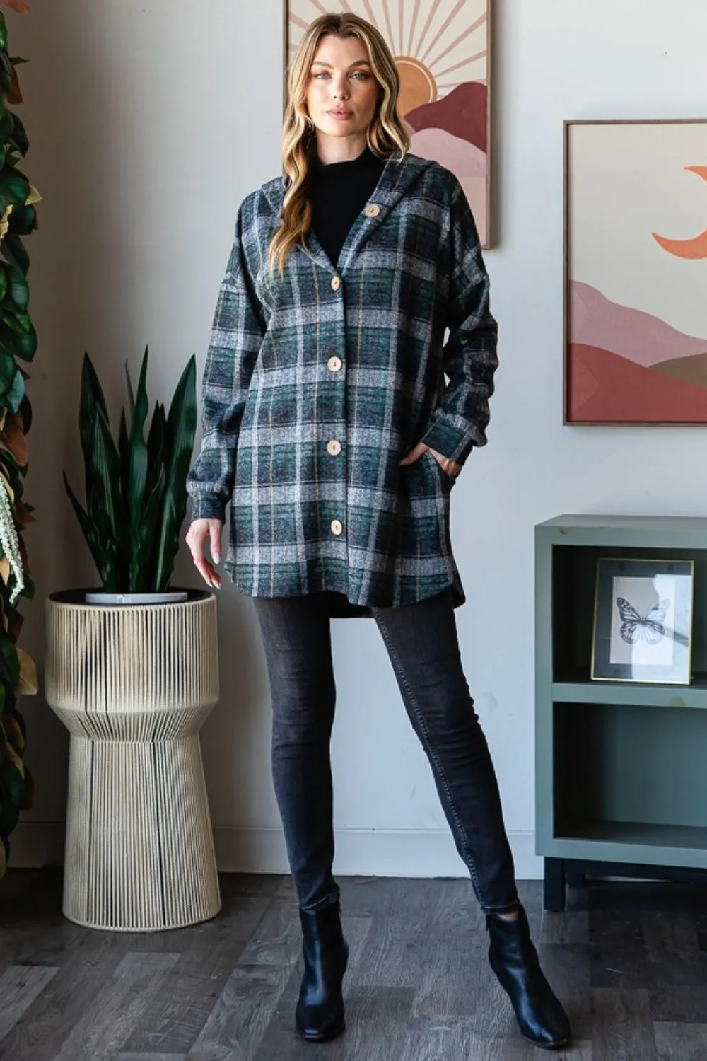 Heimish Plaid Button Down Long Sleeve Hooded Cardigan