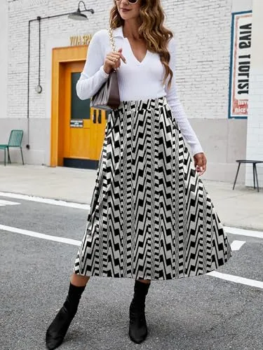 HUSKARY Plaid Skirts for Women 2025 Fall Winter Classic A Line High Elastic Waist Trendy Long Midi Skirt with Pockets