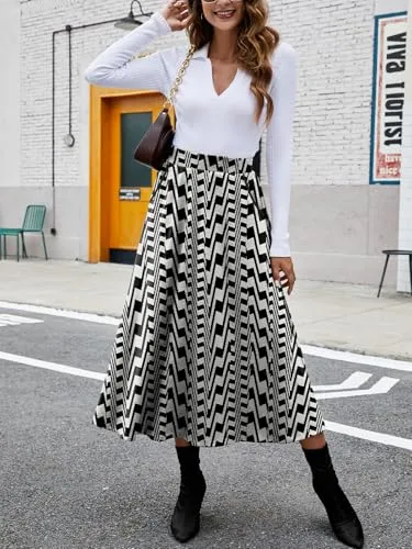 HUSKARY Plaid Skirts for Women 2025 Fall Winter Classic A Line High Elastic Waist Trendy Long Midi Skirt with Pockets