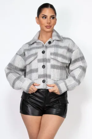 Jacket- Plaid Fuzzy Button-Down Jacket -Grey Black