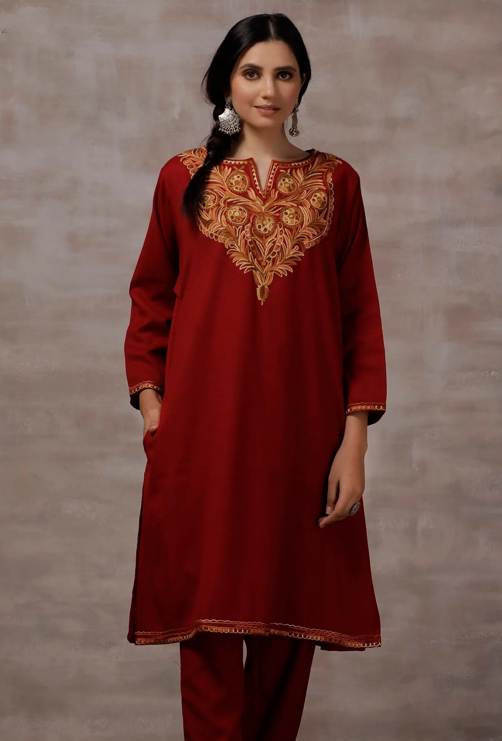 Lata Maroon Straight Woollen Kurta