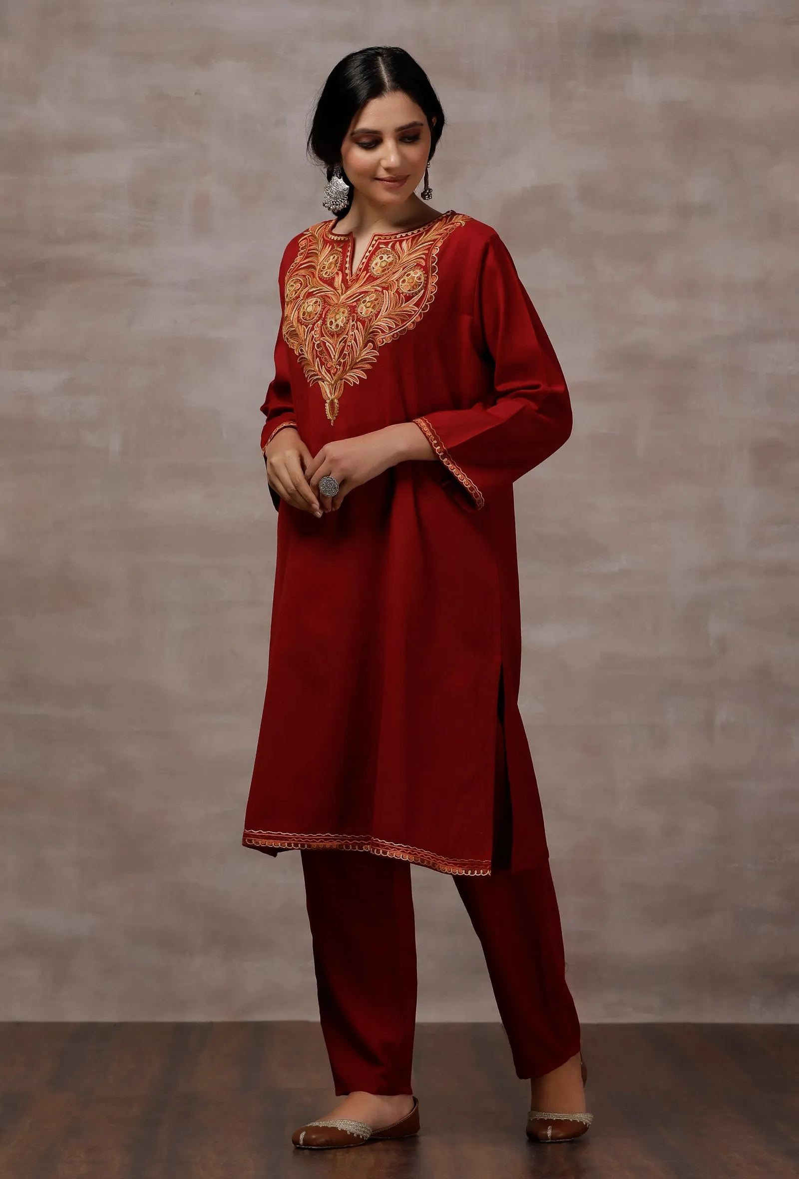 Lata Maroon Straight Woollen Kurta