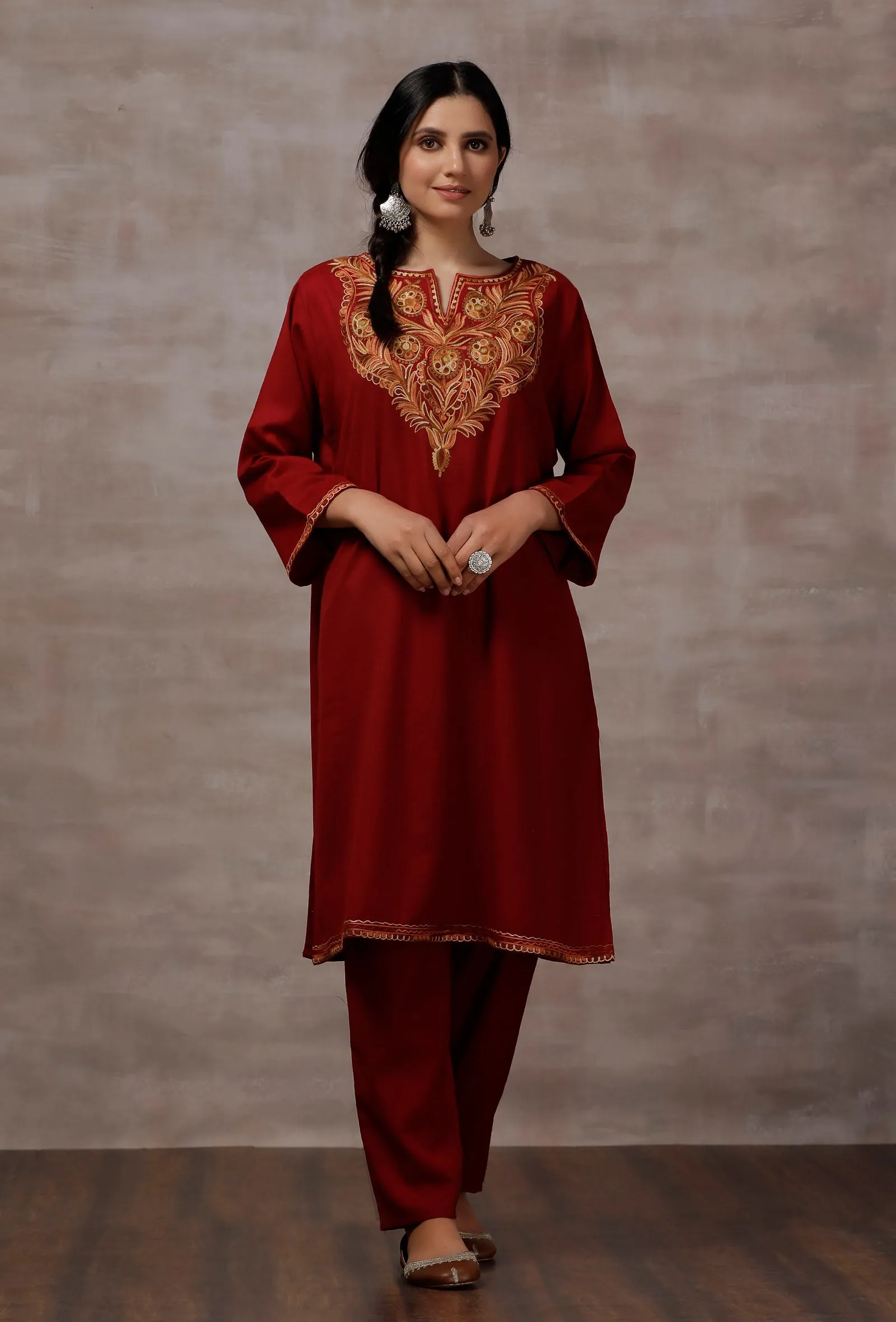 Lata Maroon Straight Woollen Kurta