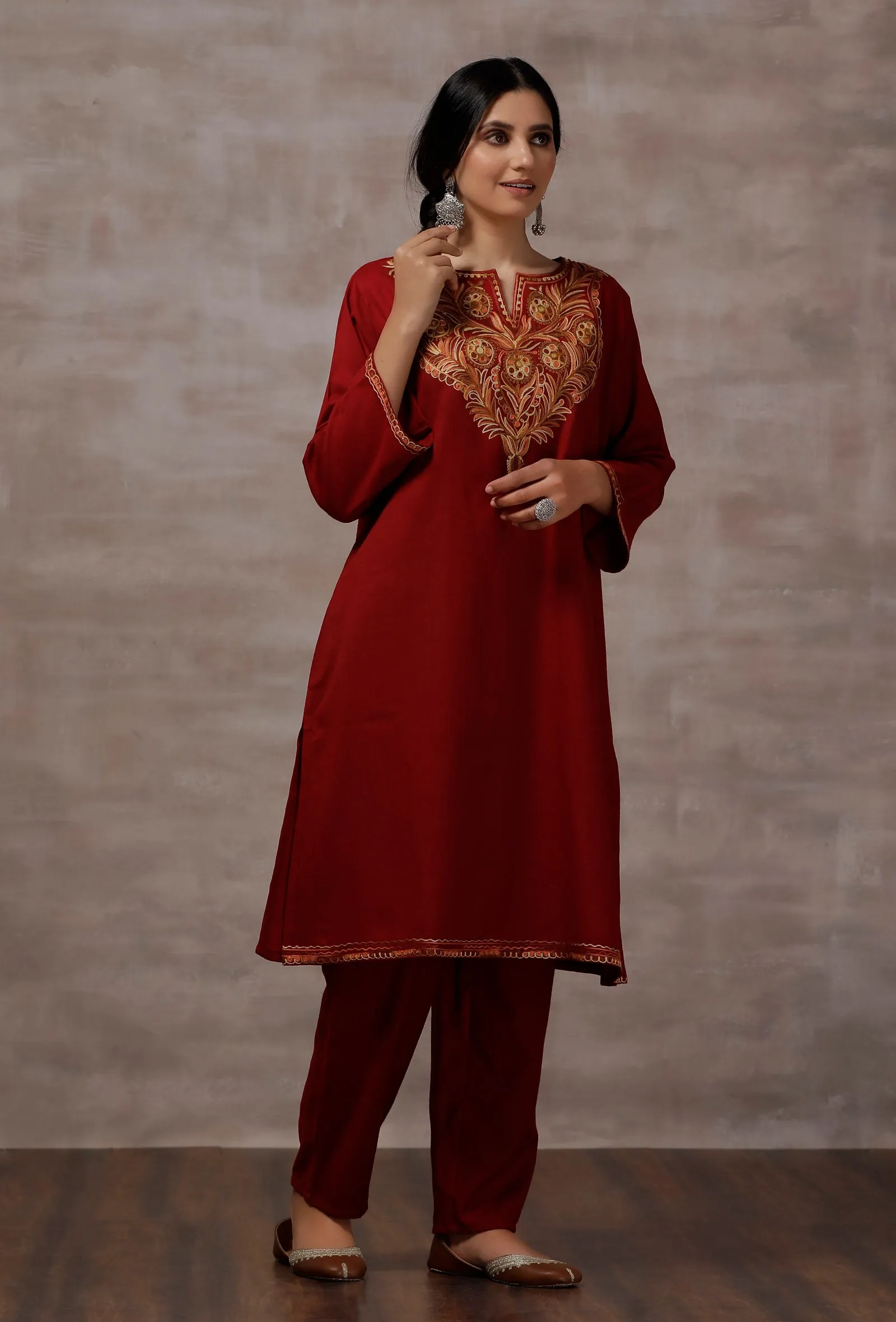 Lata Maroon Straight Woollen Kurta