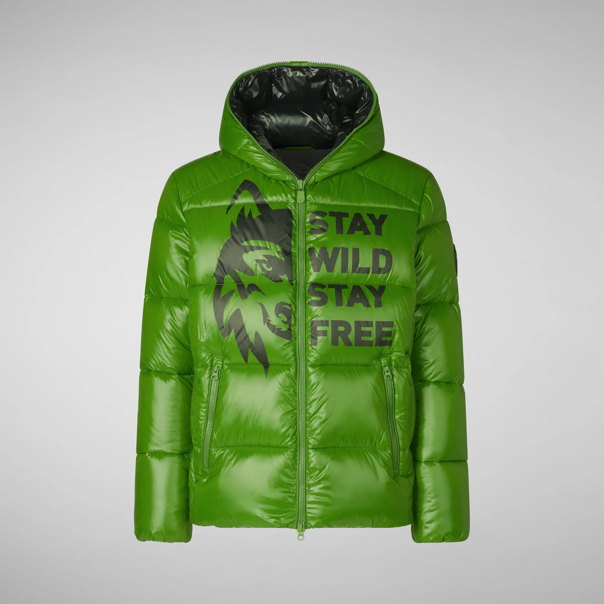 Men's animal free hooded Animal free Puffer jacket Evander in grass green wolf print