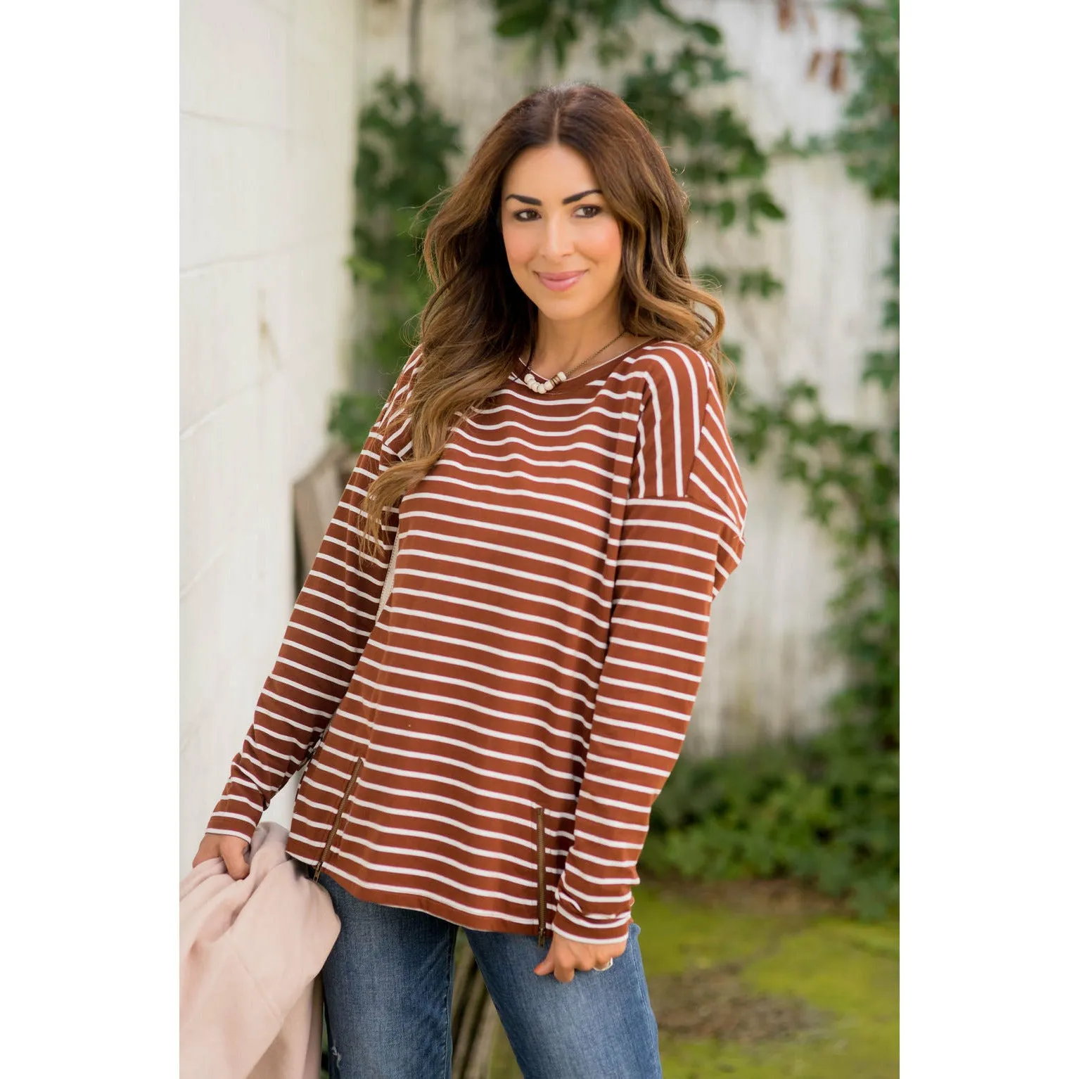 Mixed Stripe Zipper Bottom Sweatshirt