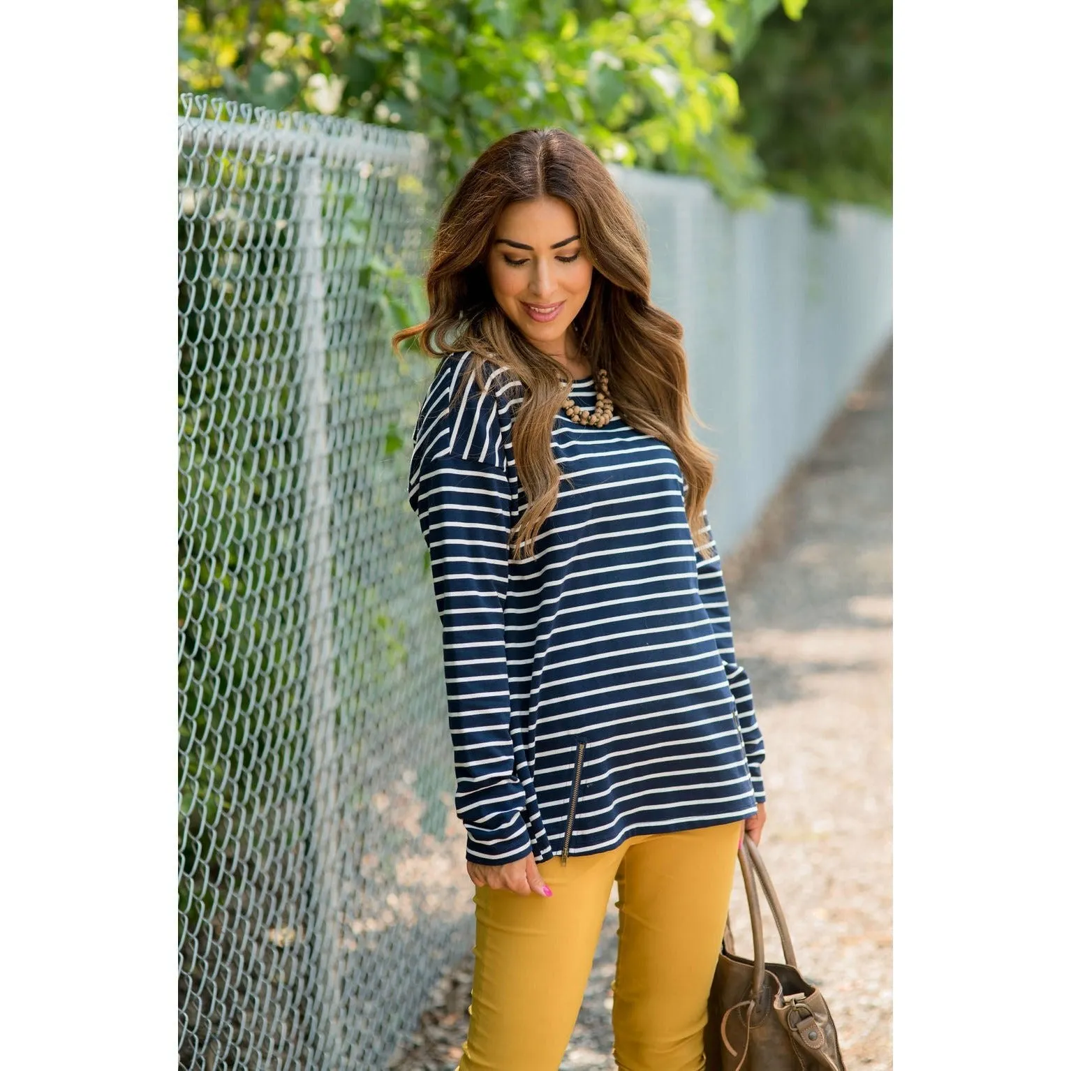 Mixed Stripe Zipper Bottom Sweatshirt