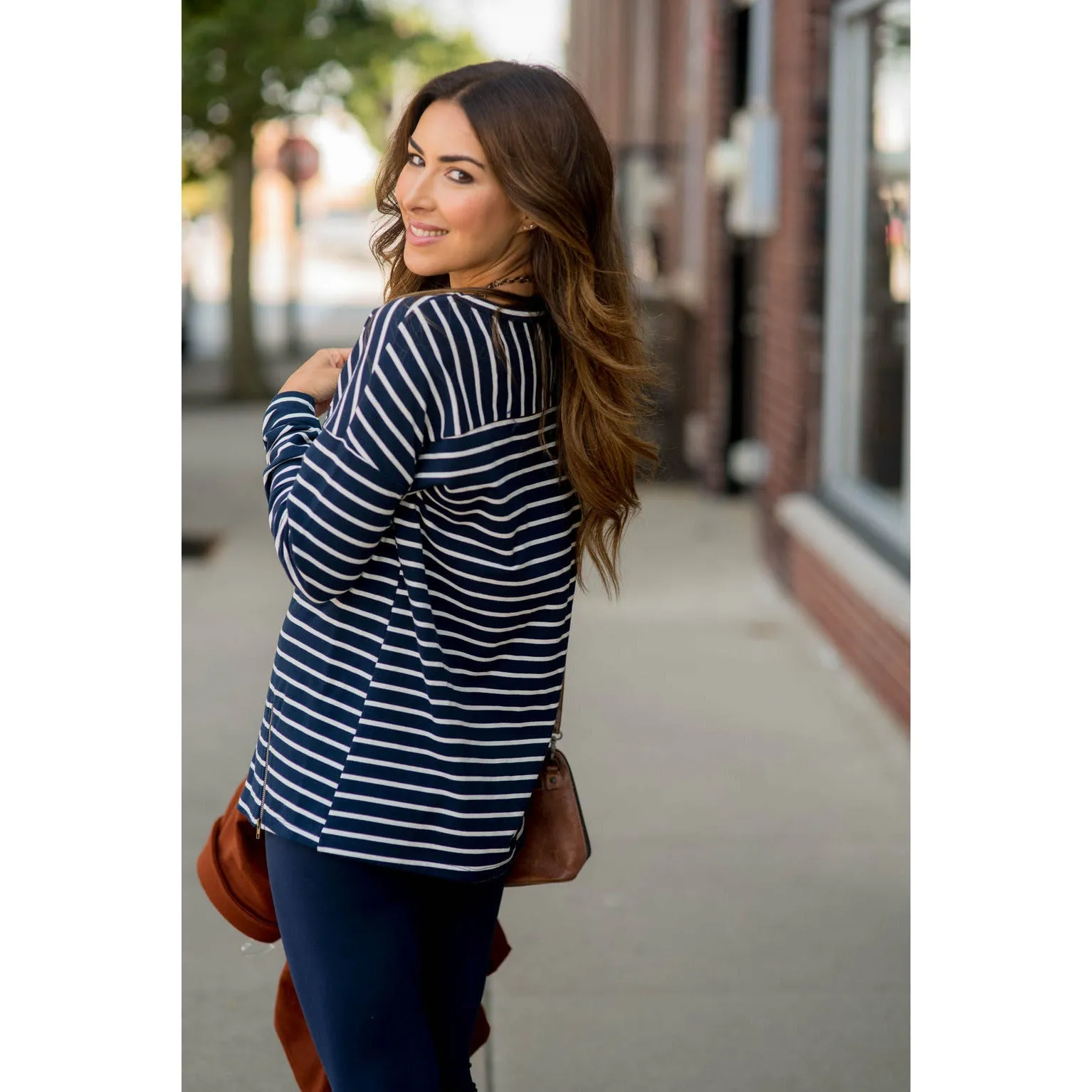 Mixed Stripe Zipper Bottom Sweatshirt