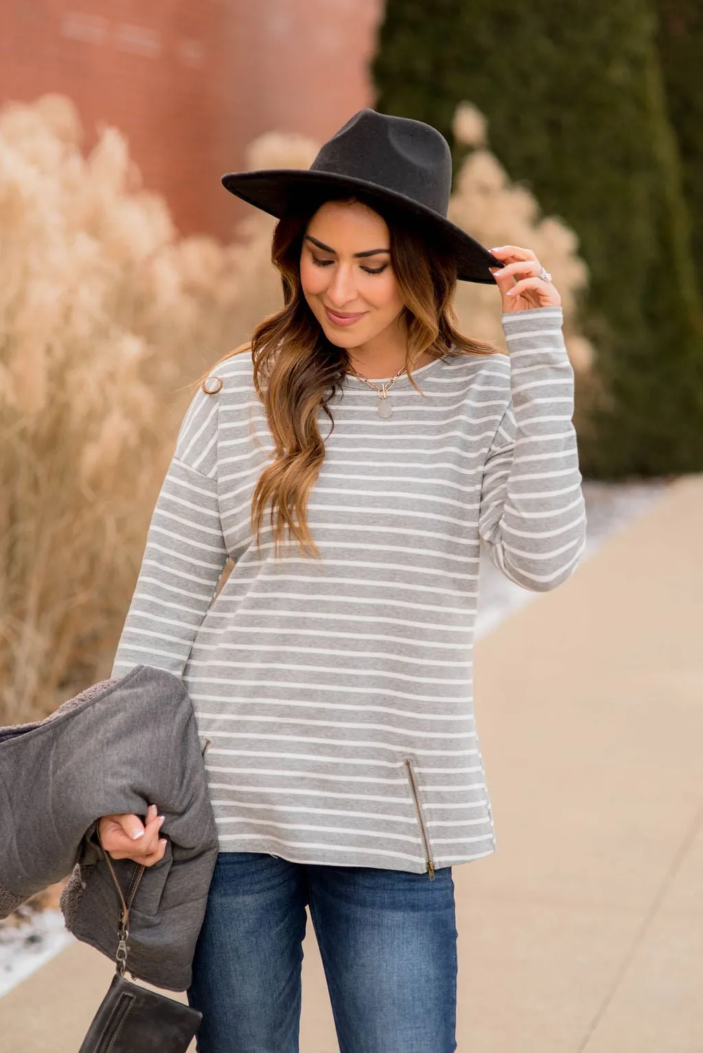 Mixed Stripe Zipper Bottom Sweatshirt