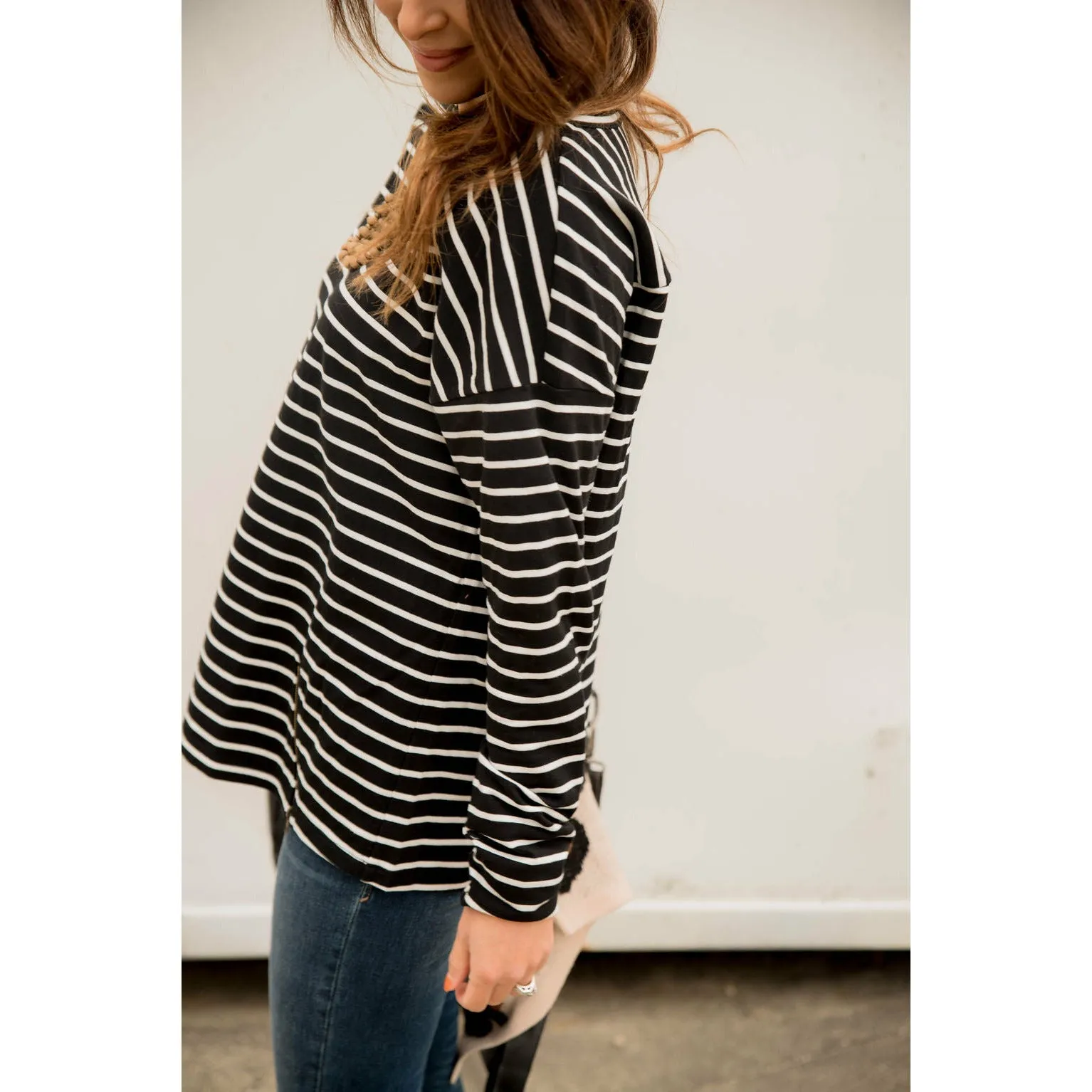 Mixed Stripe Zipper Bottom Sweatshirt