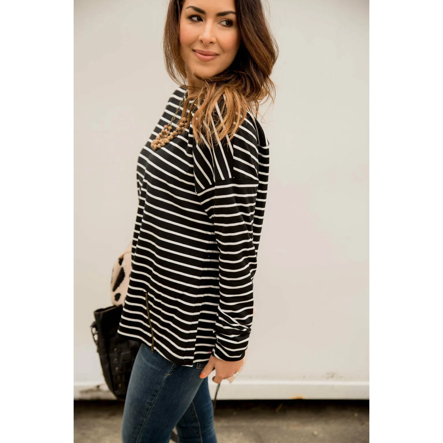 Mixed Stripe Zipper Bottom Sweatshirt