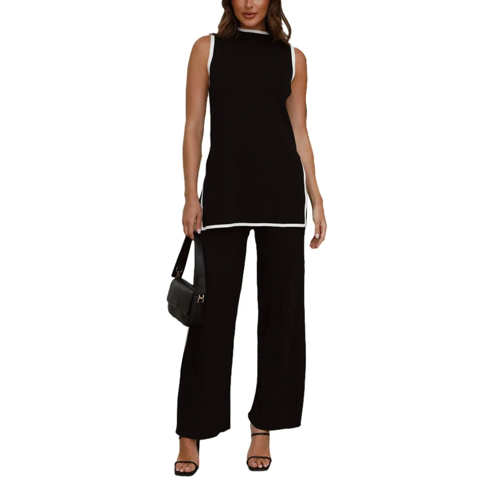 Mock Neck Contrast Sweater Wide Leg Sleeveless Pants