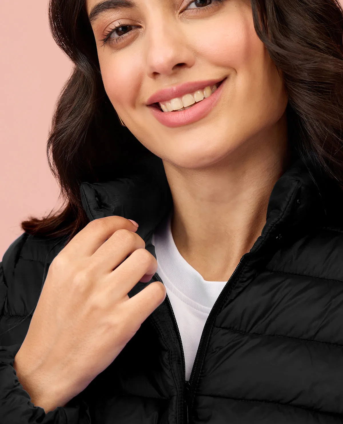 NYKD By Nykaa Ultra Light Weight Puffer Jacket with Inbuilt Bag (Set of 2)-NYAT405-Black