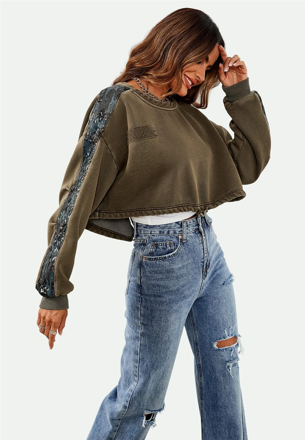 Oversized Sequin Detail Cropped Sweatshirt In Khaki