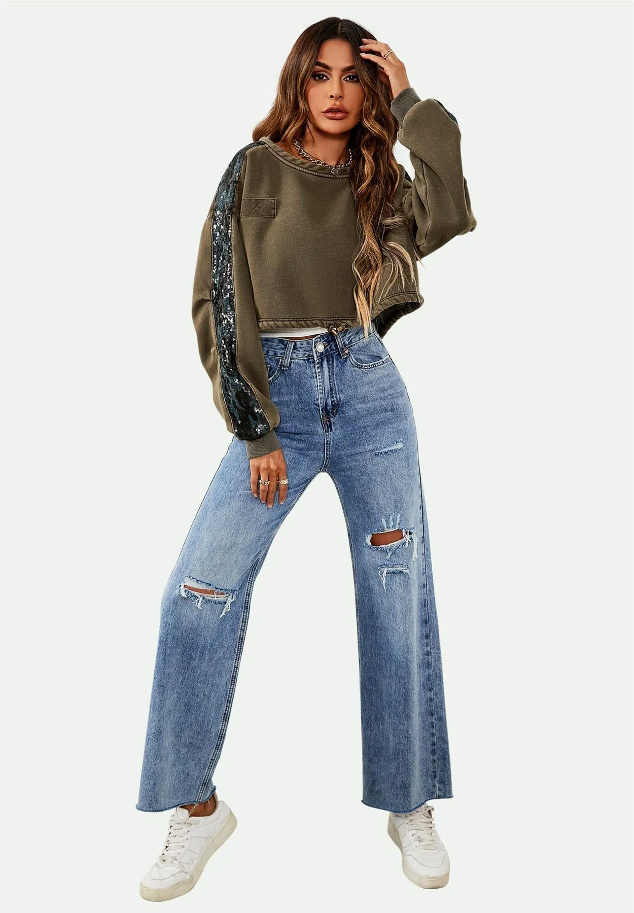 Oversized Sequin Detail Cropped Sweatshirt In Khaki