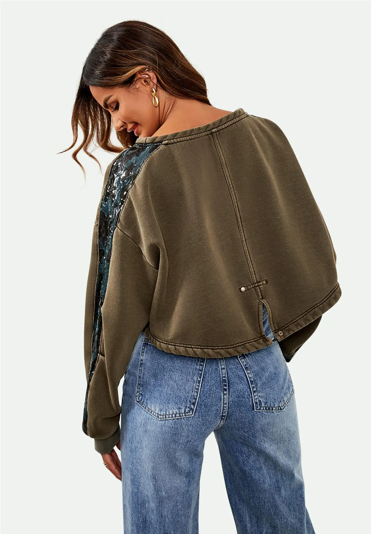 Oversized Sequin Detail Cropped Sweatshirt In Khaki