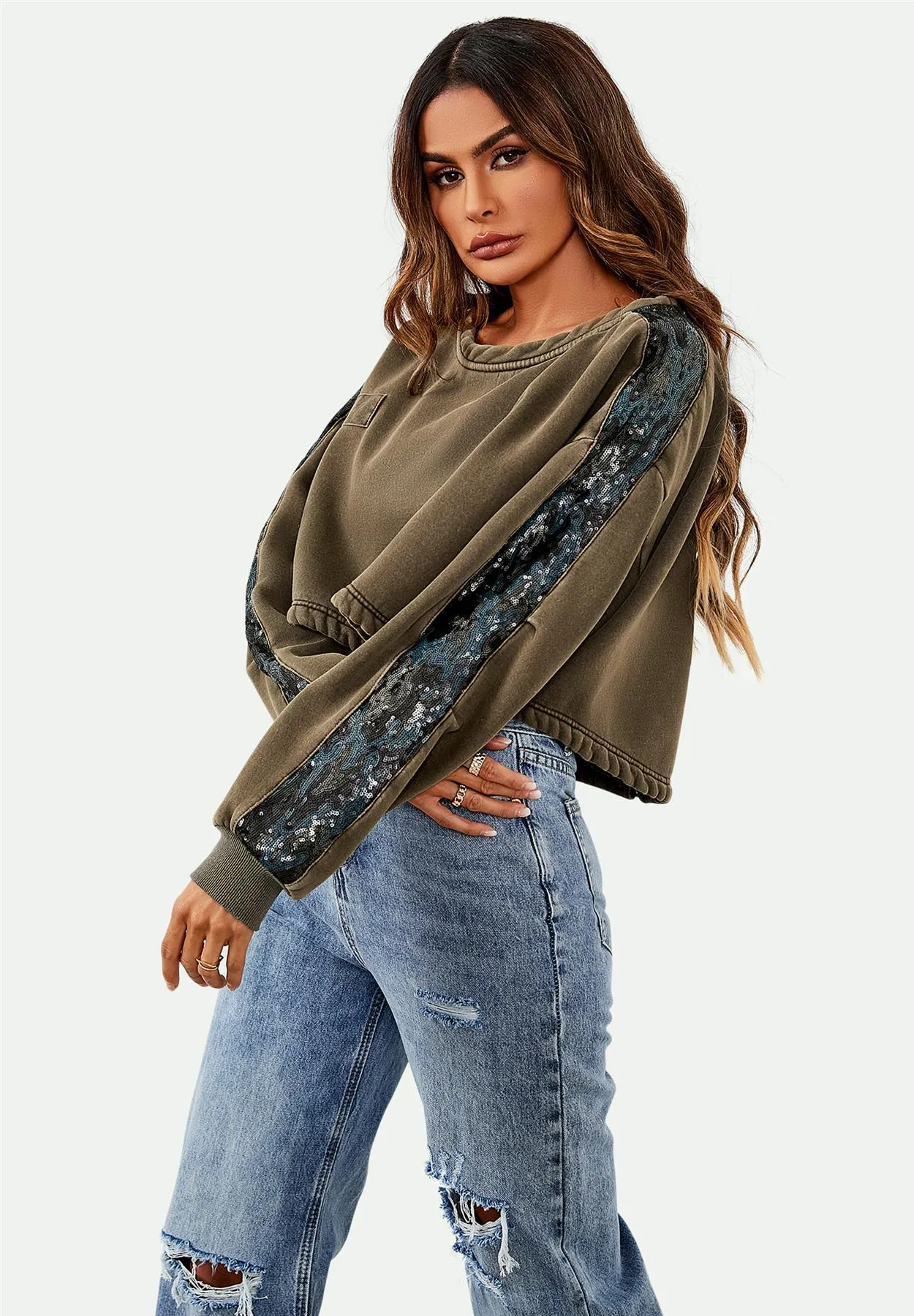 Oversized Sequin Detail Cropped Sweatshirt In Khaki