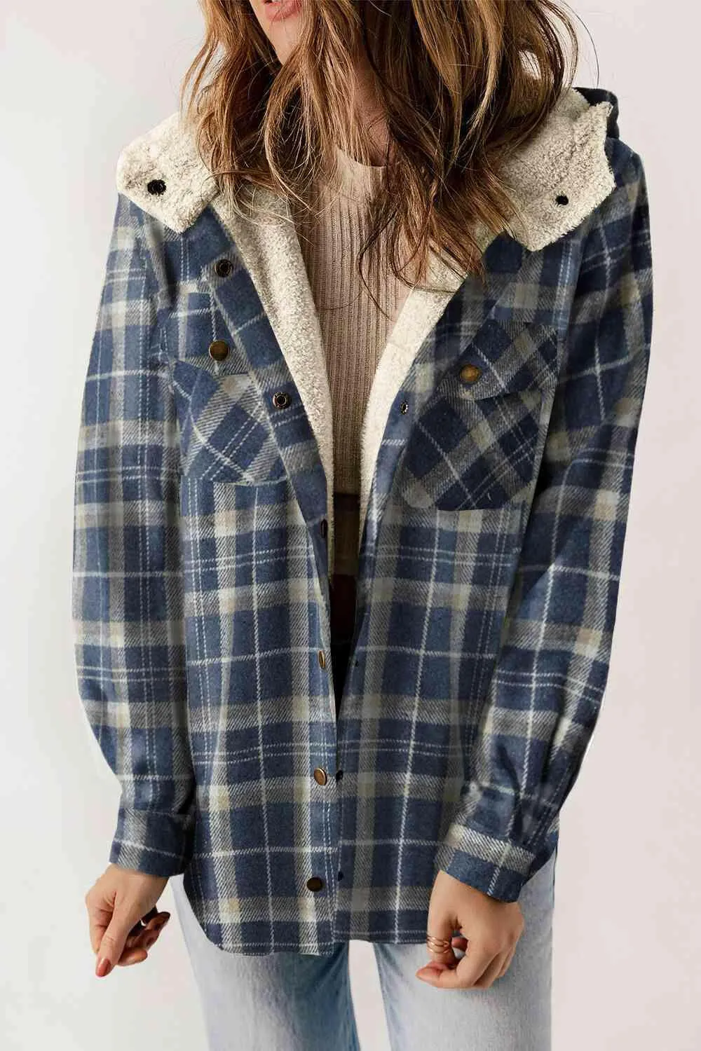 Plaid Snap Down Hooded Jacket