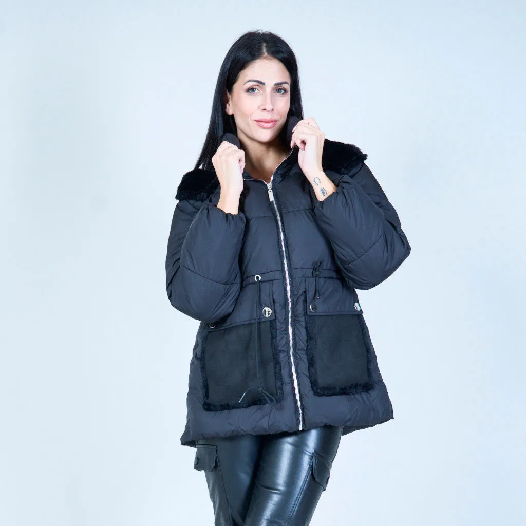 Puffer jacket with faux fur hood wholesale