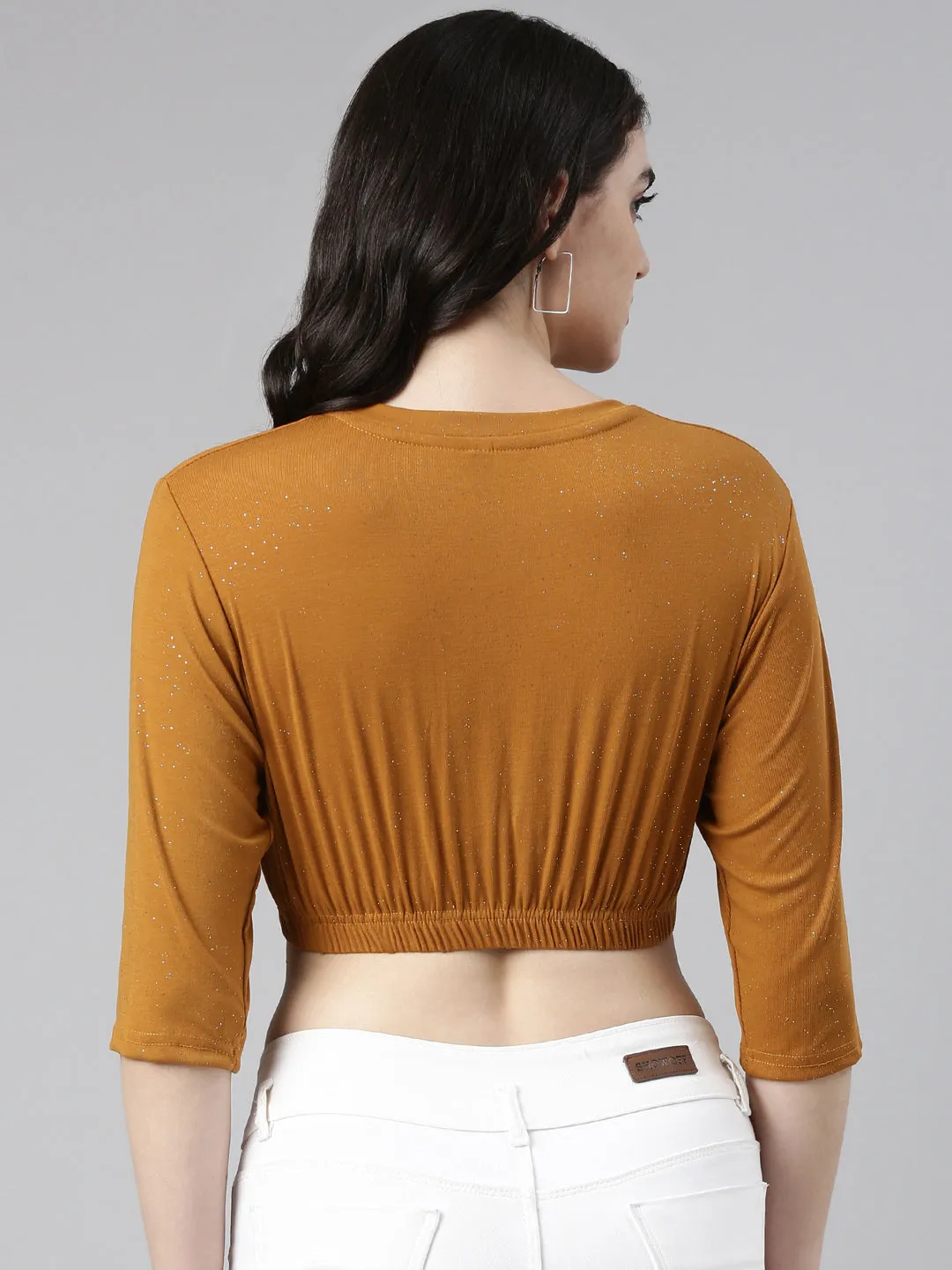 Round Neck Regular Sleeves Embellished Cinched Waist Mustard Crop Top